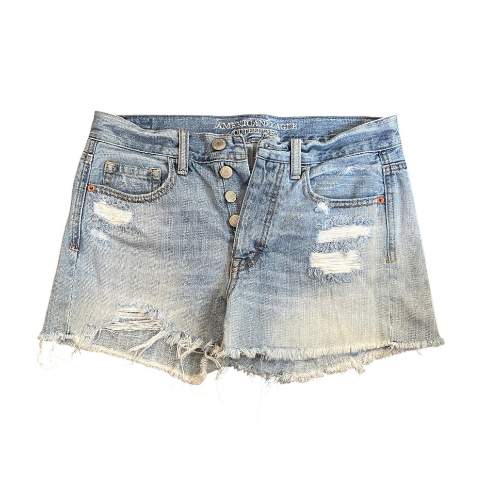 AMERICAN EAGLE JEANS Shredded Denim Shorts CUT-OFF BUTTON-FLY Light Wash SIZE 2